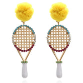 Ash Tennis Racquet Enamel Dangle Earrings with Crystals and a Fluffy Yellow Stud